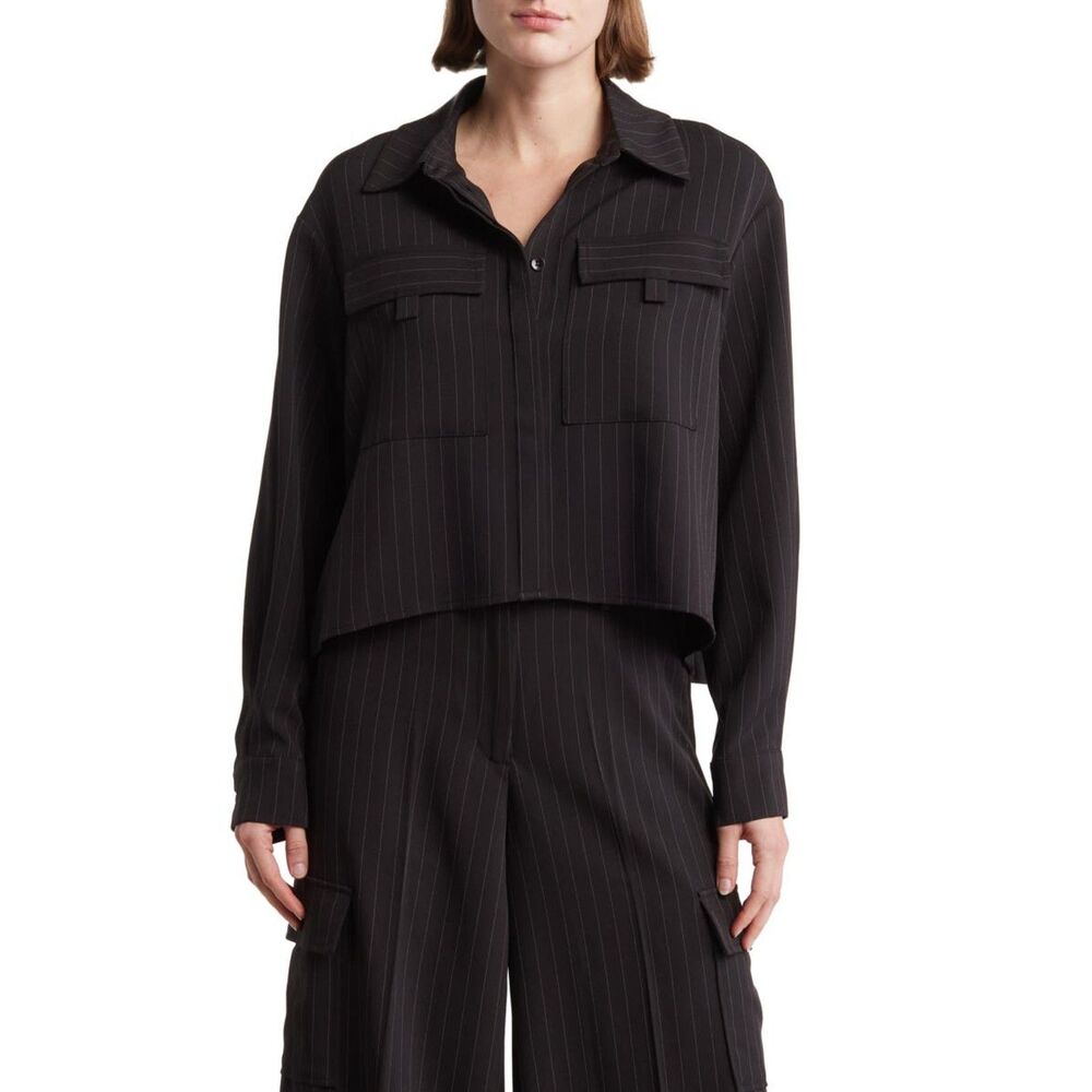 Adrianna Papell Size M Black White Pinstripe Point Collar Cropped Jacket